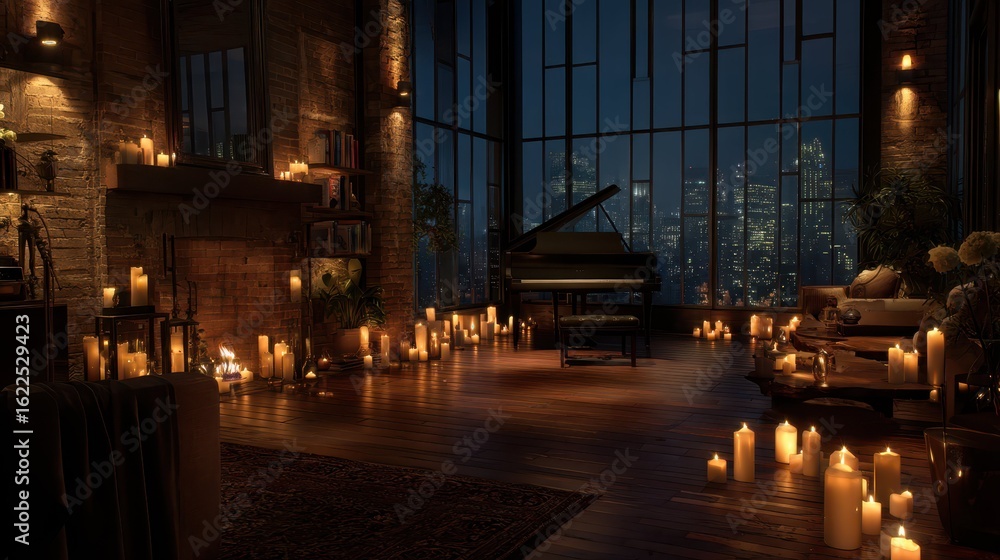 Fototapeta premium Peaceful Room with Lit Candles and Jazz Ambiance at Night