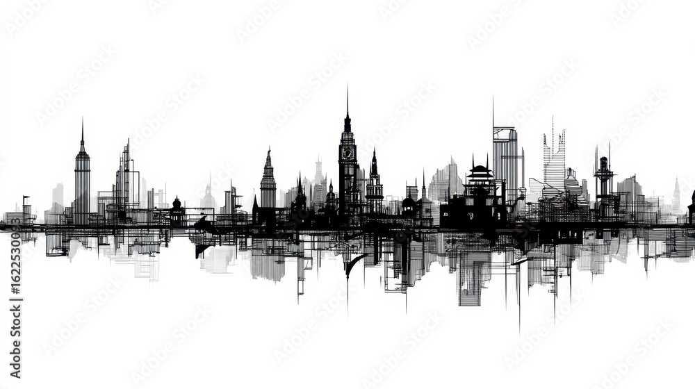 Fototapeta premium Modern Skyline Art Silhouette in Black and White Artistic Style