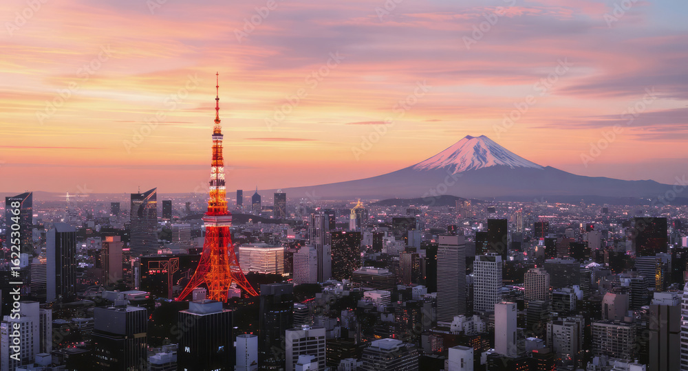 Obraz premium Panoramic cityscape view of Tokyo with illuminated tower and Mount Fuji at sunset