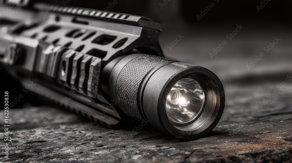 Obraz premium Close Up of Tactical Gun Barrel with Flashlight Attachment