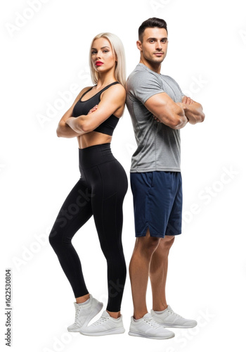 A confident and athletic fitness couple stands back-to-back in gym wear, an ideal image as a Background Transparent PNG.