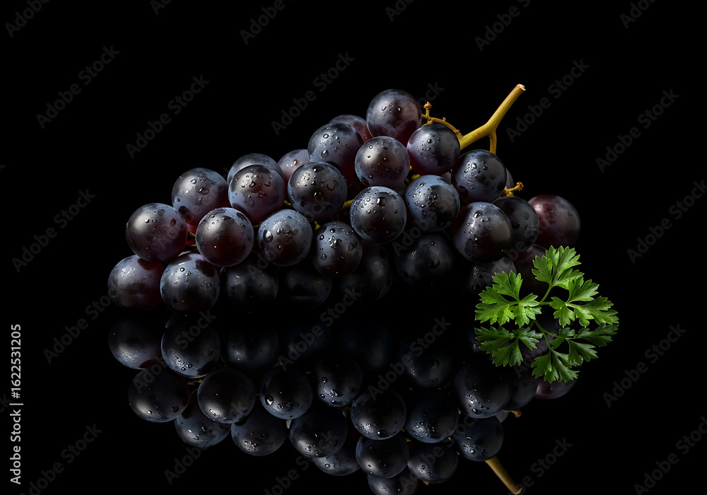 Fototapeta premium Grapes Glisten with Parsley Sprig on Dark Reflective Surface