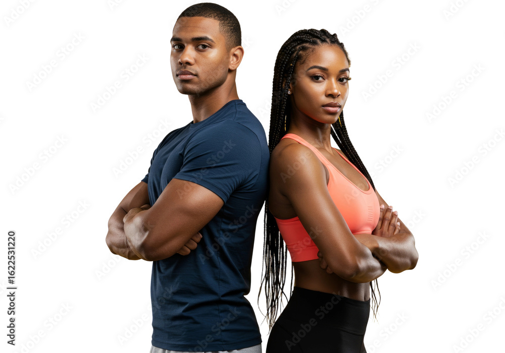 Obraz premium Fitness Couple Standing Back to Back with Arms Crossed, Isolated on a Background Transparent PNG