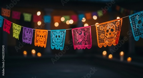 Vibrant papel picado, traditional Mexican folk art. Perfect for Dia de los Muertos, Hispanic Heritage Month, festive celebrations, cultural events, and colorful designs.