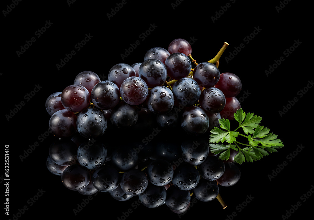 Fototapeta premium Grapes Glisten with Parsley Sprig on Dark Reflective Surface