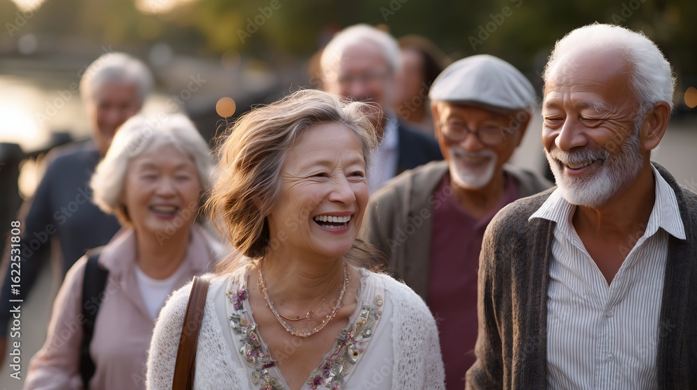 Authentic lifestyle moment of a diverse group of senior citizens walking and laughing in a park during golden hour. Authentic lifestyle moment of a diverse group of senior citizens walking and laughing in a park during golden hour.