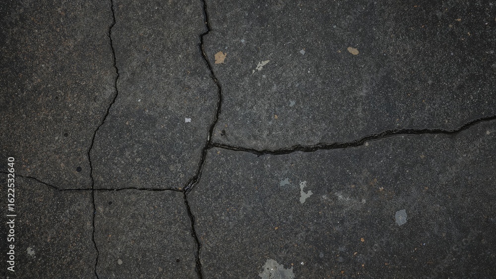 Obraz premium Close-up from Above of Worn Dark Gray Road Surface with Multiple Fissures