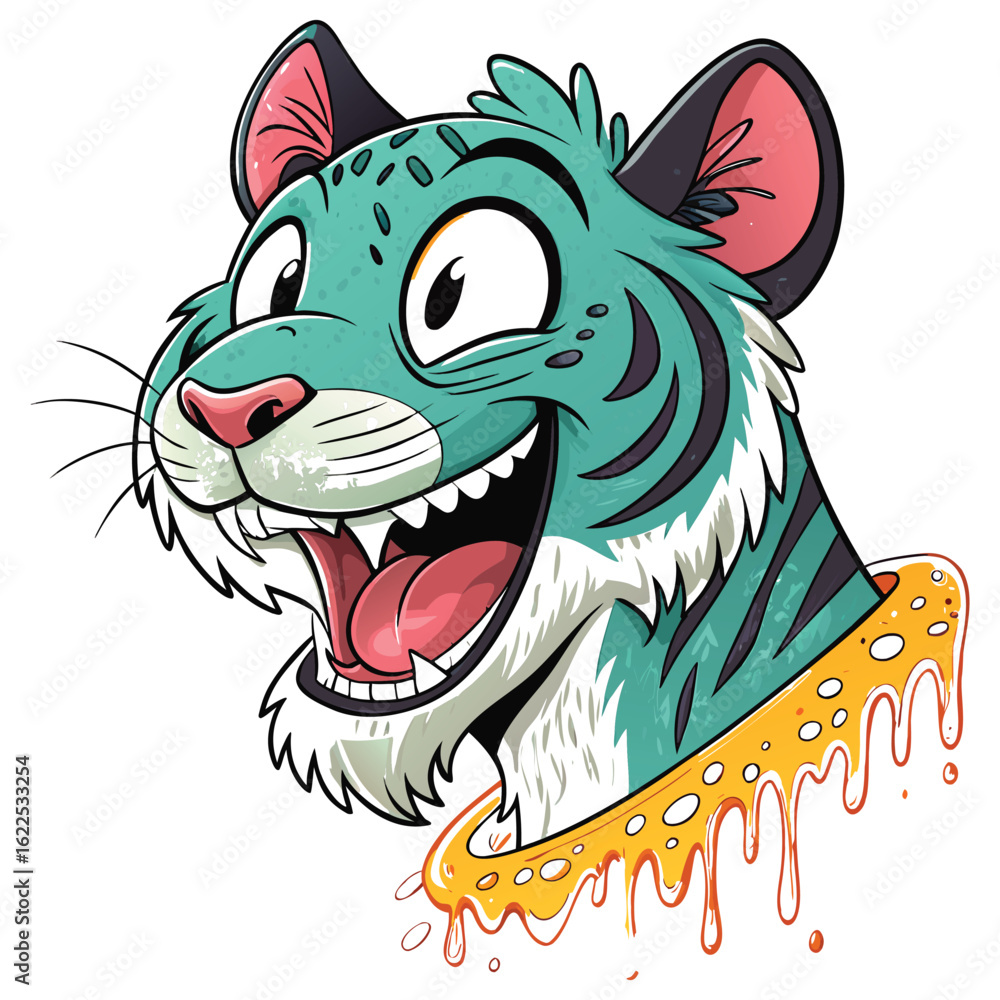 Obraz premium Cartoon teal tiger head with dripping gold collar isolated on white background