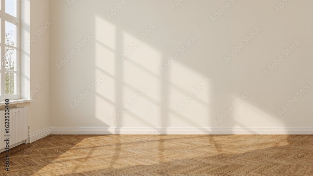 Fototapeta premium Realistic 3D setting of an empty warm beige room with oak parquet floor and baseboard, illuminated by morning light casting window frame shadows, ideal for household product presentation mockup.