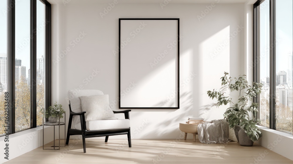 Fototapeta premium Modern minimalist living room mockup with a blank poster