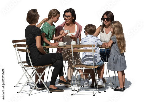 Three women with kids sitting in a cafe in summer, isolated on transparent and white background