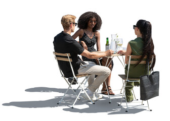 Backlit group of three people sitting in a street cafe and talking, isolated on transparent background
