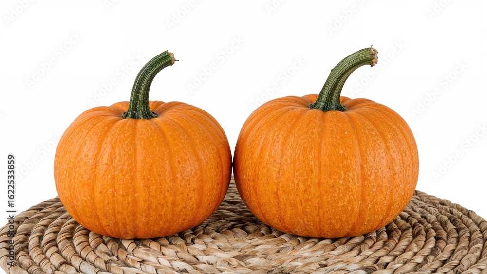 Fototapeta premium Double pumpkins displayed on a straw mat with a white background