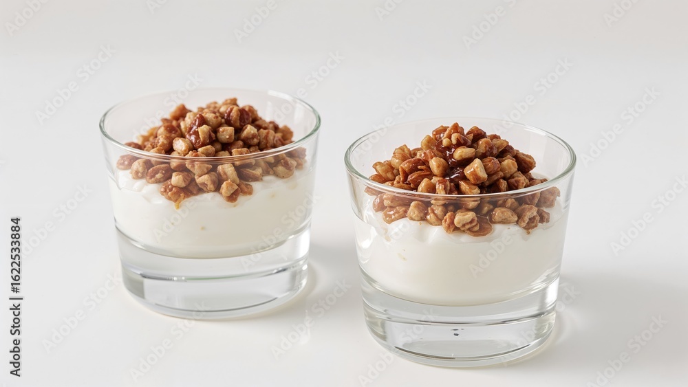 A pair of flavorful natural desserts with creamy Greek yogurt, crunchy raw walnuts, and honey topping served in glassware A pair of flavorful natural desserts with creamy Greek yogurt, crunchy raw walnuts, and honey topping served in glassware