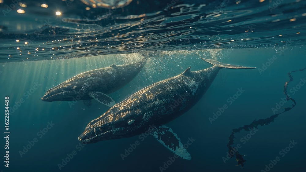 Obraz premium Backlit Scene of a Duo of Blue Whales Diving