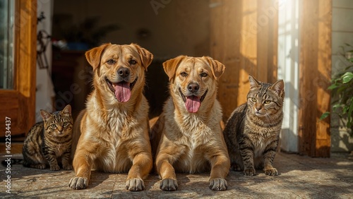 Wallpaper Mural Pair of Fawn and Tan Short-Haired Mixed Breed Dogs Sitting Close to Cats by a Doorway Torontodigital.ca