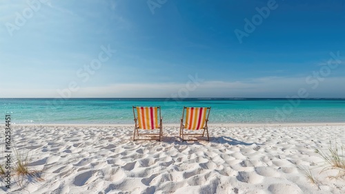 Fototapeta Naklejka Na Ścianę i Meble -  Two reclining seats set on a white sandy beach beneath a vibrant sky