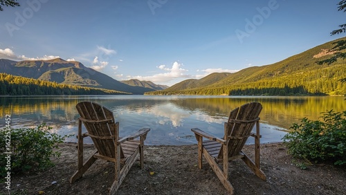 Fototapeta Naklejka Na Ścianę i Meble -  Pair of chairs beside a serene mountain lake