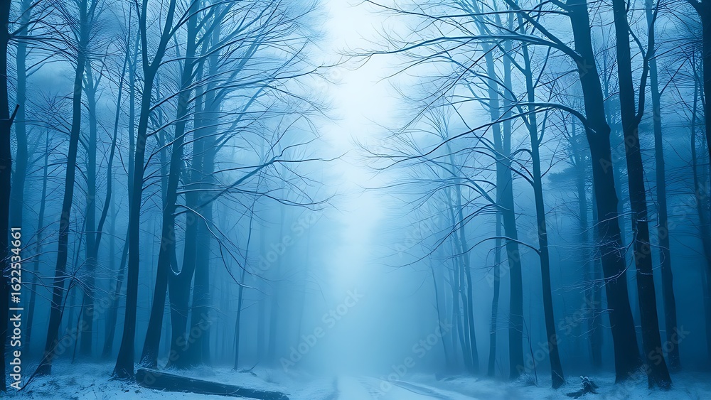 Fototapeta premium Misty blue winter forest in watercolor style, evoking tranquility and soft natural beauty.