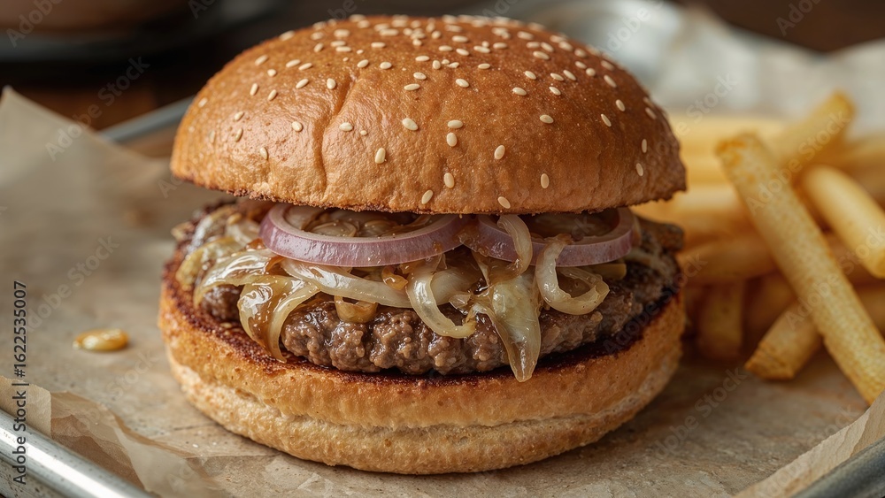 custom made wallpaper toronto digitalEnjoying a detailed shot of a savory burger bursting with onions on a food tray, having a quick, nutrient-rich lunch, embracing the rich flavors and satisfying hunger.
