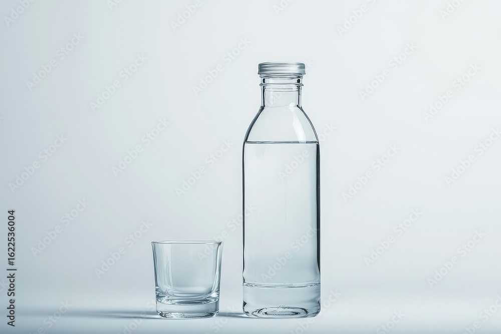 Minimalist glass water bottle and matching tumbler on white background with studio lighting and sharp focus Minimalist glass water bottle and matching tumbler on white background with studio lighting and sharp focus