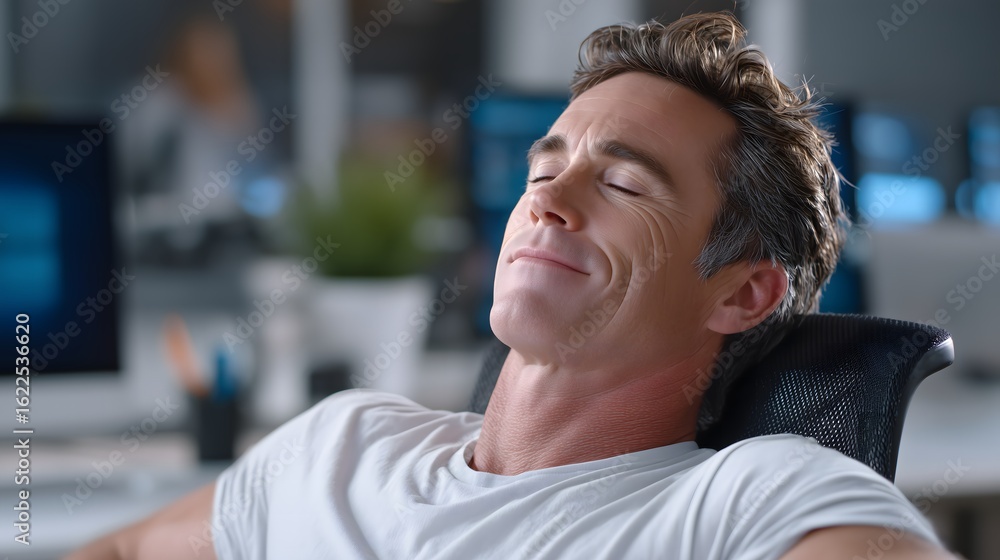 Fototapeta premium A man takes a workplace wellness screen break, relaxing in an ergonomic chair with his eyes closed in a minimalistic office setting.