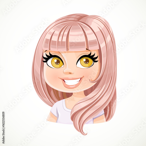 Beautiful girl with powdery pink   straight hair length of shoulder blades portrait isolated on white background