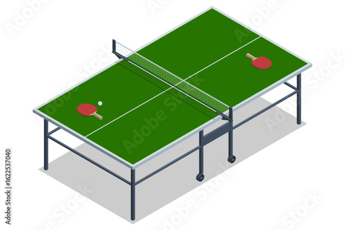 An isometric illustration of a table tennis game, with a blue table, net, paddles, and a ball, depicting people playing in an indoor sports setting.