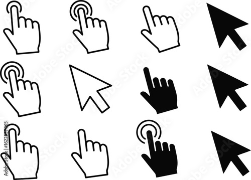 Vector art of collection of various cursor and pointer icons representing different actions such as clicking selecting and touching