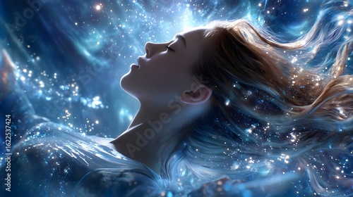 A woman floating underwater with galaxies above her in a surreal cosmic dreamscape.