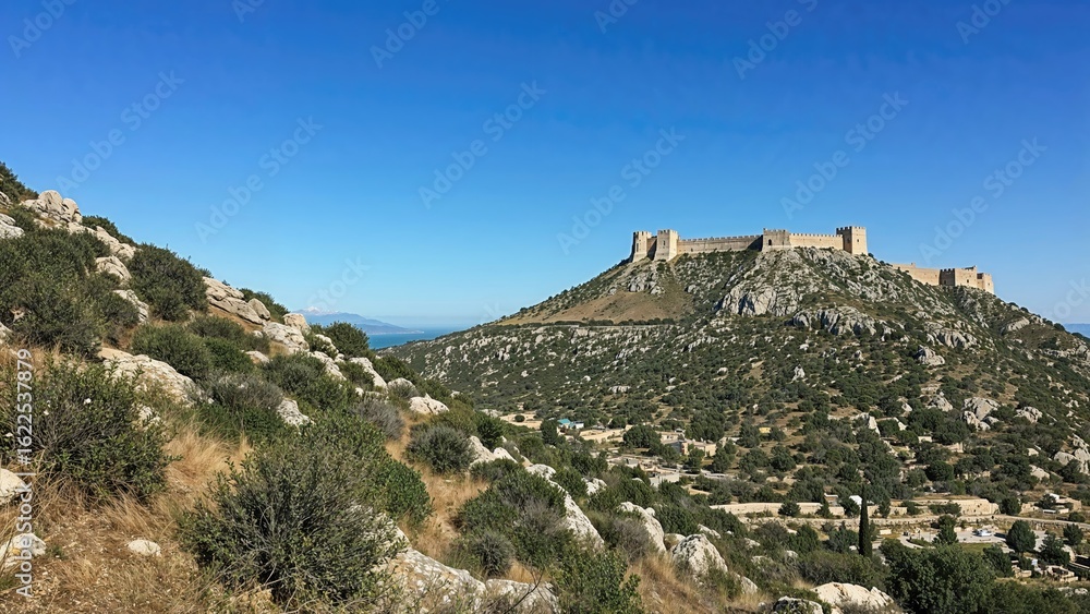 Fototapeta premium Landscape showing a steep rocky incline covered with shrubs and grass leading to an ancient castle with defensive walls and towers on a mountain summit under a bright blue sky