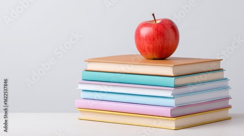Stack of colorful books topped with a red apple.