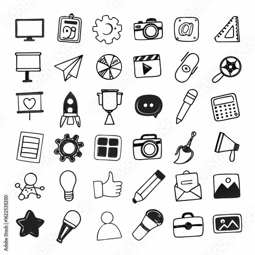 Minimilist collection of hand drawn doodle icons featuring office supplies technology and social media symbols art 100 vector