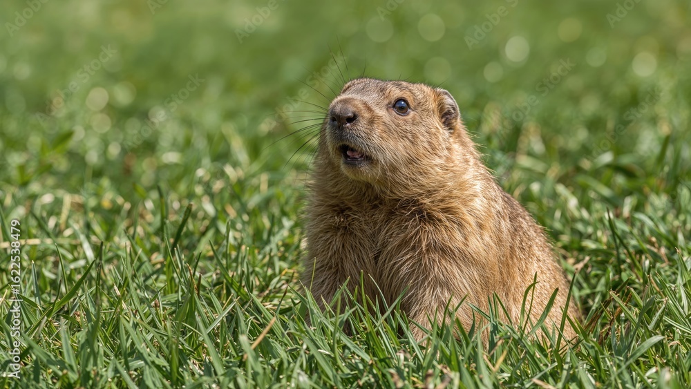 Close-up of a small furry animal emerging from its burrow in a lush green lawn Close-up of a small furry animal emerging from its burrow in a lush green lawn