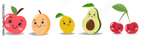 Cheerful fruits including an apple, peach, lemon, avocado, and cherries with smiling faces are happily placed in a vibrant arrangement, creating a joyful atmosphere