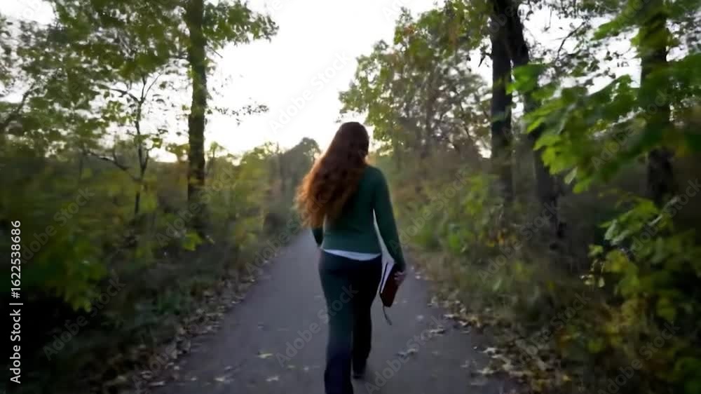 Woman walking on a path through a wooded area Woman walking on a path through a wooded area