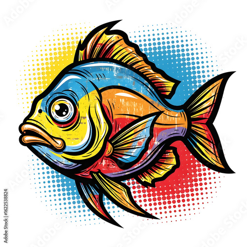 Vibrant, colorful fish illustration with pop art style