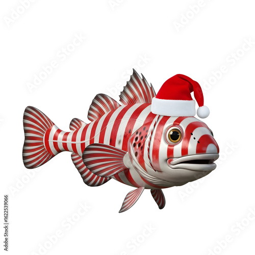 Festive striped fish wearing Santa hat