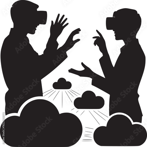 Two people using vr headsets interacting with cloud computing in a silhouette illustration style