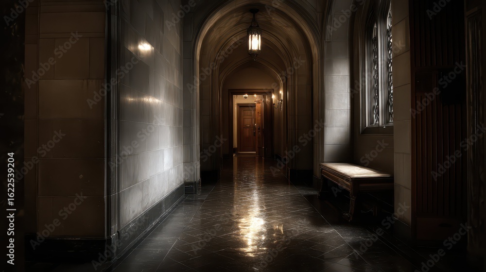 Fototapeta premium Dark and Shadowy Hallway with Soft Light and Elegant Architecture