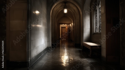 Dark and Shadowy Hallway with Soft Light and Elegant Architecture