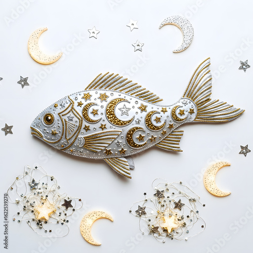 Elegant celestial fish art with stars 