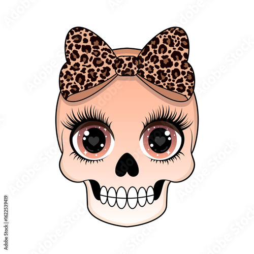 Cartoon skull with big, sparkling eyes, long eyelashes, and a trendy leopard print bow.