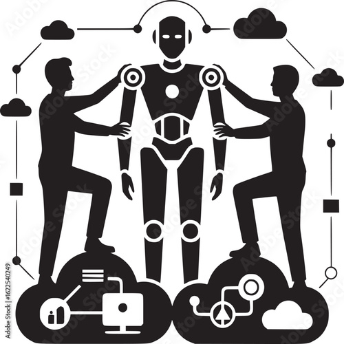 Silhouette illustration of two men interacting with a robot connected to cloud computing network