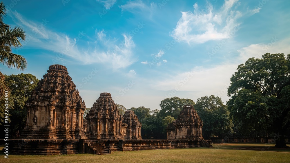Fototapeta premium Ancient stone temple in an Asian heritage park with religious significance