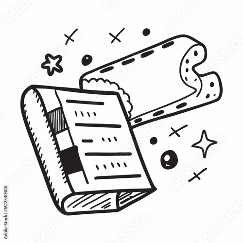 Minimilist illustration of an open book with lines of text next to a pillow with stars and circles around it vector