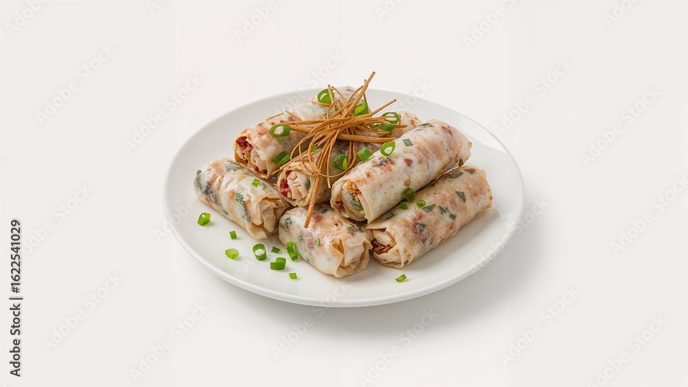 Delicious chicken spring rolls displayed on a plain backdrop Delicious chicken spring rolls displayed on a plain backdrop
