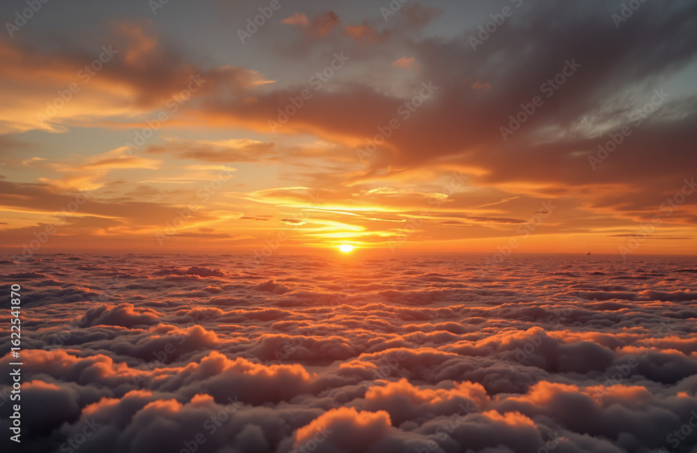 Fototapeta premium Majestic sunset over clouds with warm colors in the sky 