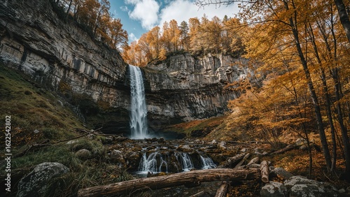 Flowing Water Over Rocks in a Beech Forest During the Fall Season