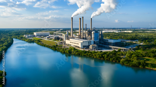 Fototapeta Naklejka Na Ścianę i Meble -  Power plant smoke river industrial pollution environment landscape sky reflection factory outdoor energy water green cloud